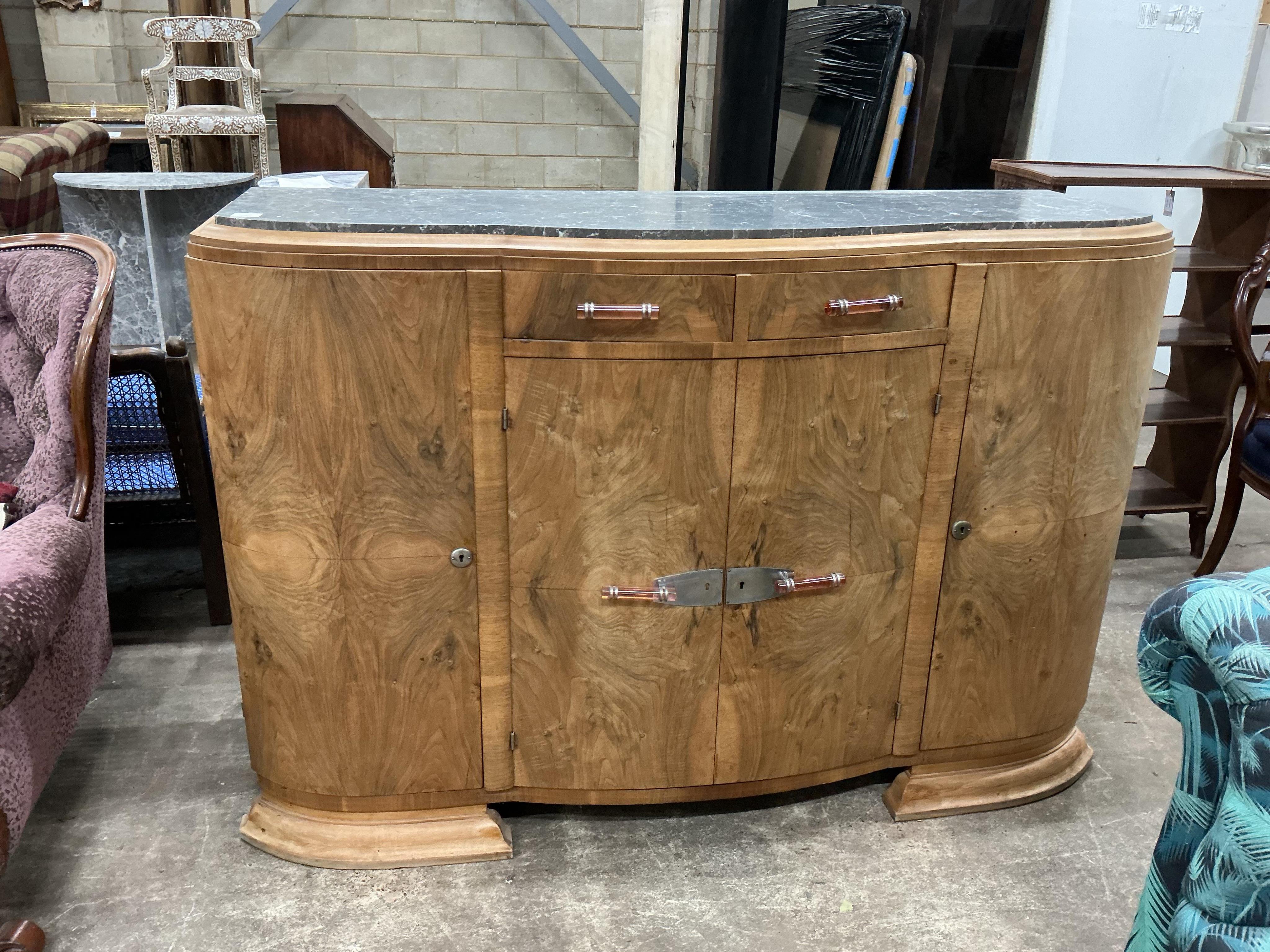 An Art Deco walnut marble topped bow front sideboard, width 158cm, depth 50cm, height 110cm